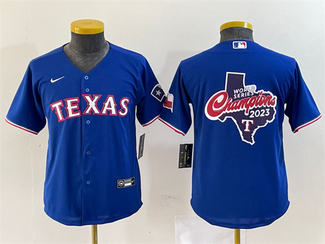 Youth Texas Rangers Royal 2023 World Series Champions Big Logo With Patch Stitched Baseball Jersey